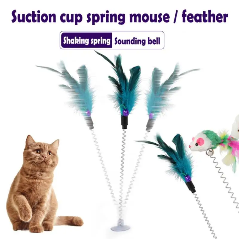 Cat Toy Random Color Funny Interactive Suction Spring Cat Toy Cat Feather Wand Cat Teaser Pet Interactive Supplies Cat Ball