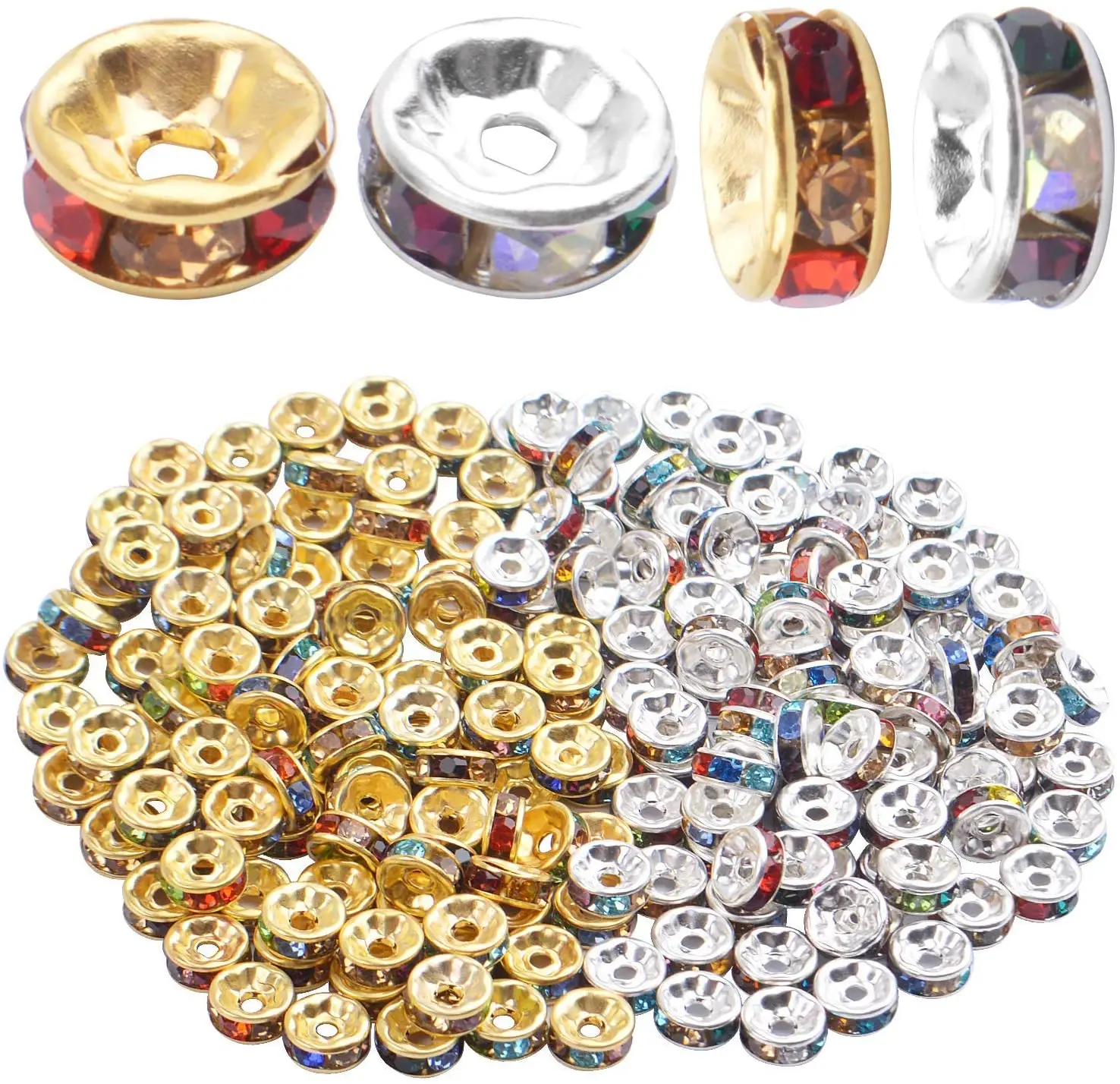 

200pcs 8mm Multicolor Rhinestone Spacer Beads Mixed Crystal Rondelle Beads for Bracelets Necklaces Jewelry Making,Gold & Silver