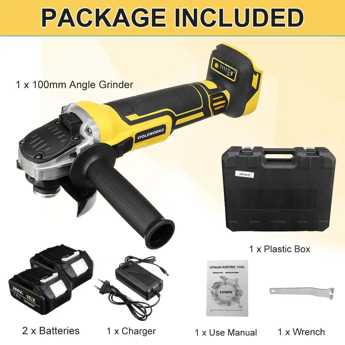 

388VF 100/125mm Brushless Cordless Electric Angle Grinder Rechargeable Variable Speed Angle Grinder Tool With 1/2PC Battery