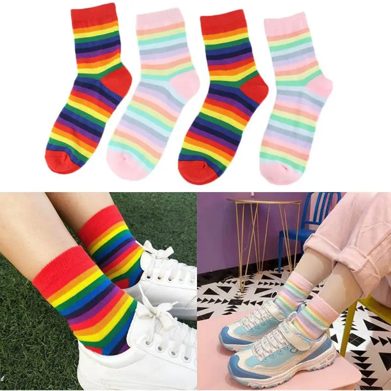 

Japanese Women Girls Long Crew Socks Ice Cream Rainbow Colorful Stripes Hosiery