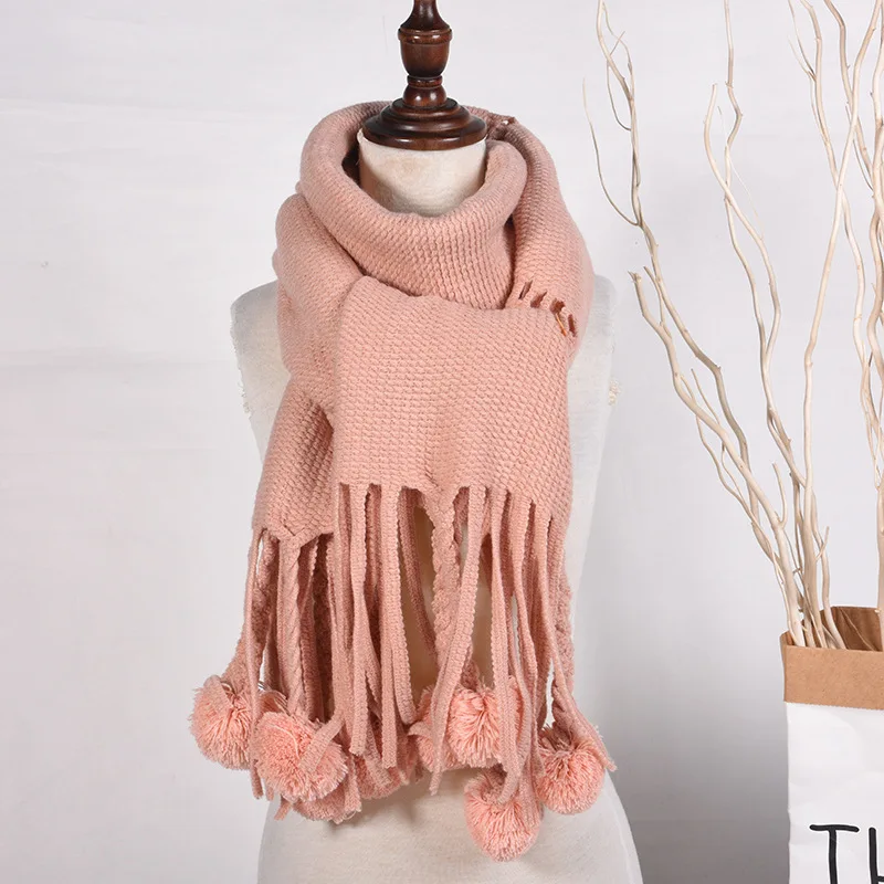 Новинка 2019 кашемировый шарф для женщин Одноцветный с помпонами пончо шарфы