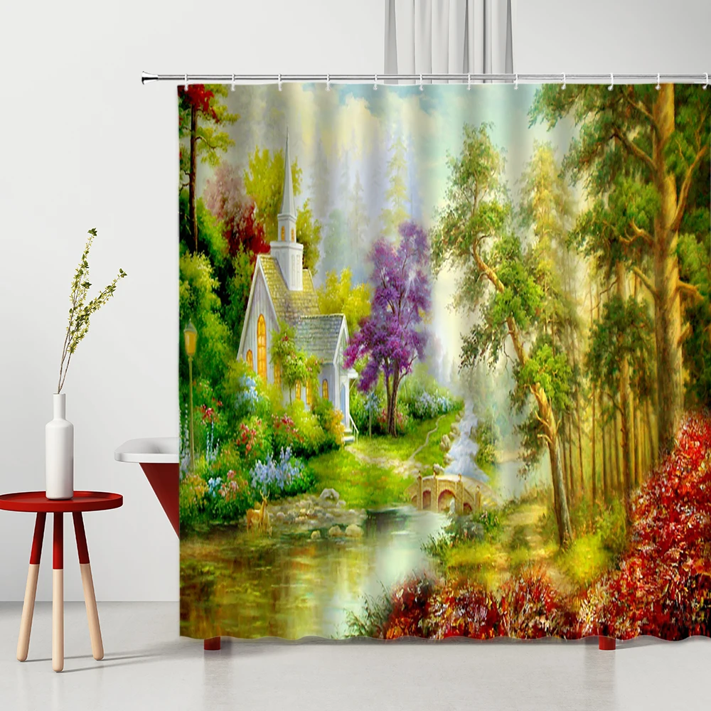 

Oil Painting Scenery Shower Curtains Forest Nature Landscape Polyester Washable Bathroom Decor Cloth Set With Hook Bath Curtain