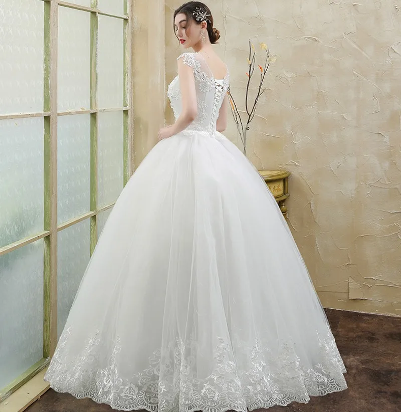 

Vintage Ball Gowns Cap Sleeves White Ivory Wedding Dresses 2020 Crystal Appliques Lace Bridal Dress Vestidos Mariage PFW22