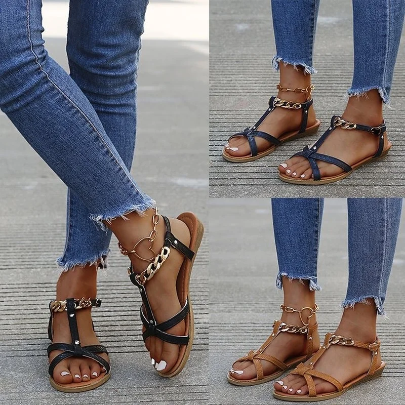 

New Ladies Sandals Embossed Leather Flat Open Toe Casual Roman Shoes Roman Style