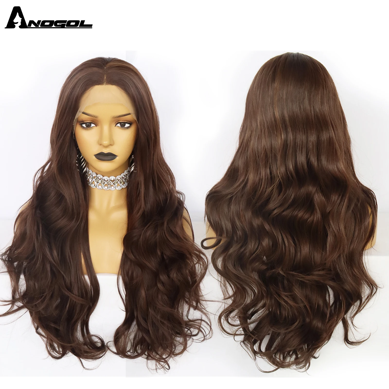 Anogol Dark Brown Synthetic Lace Front Wig Wave Wigs Straight Wigs Heat Resistant Fiber Synthetic Cosplay Daily Wigs For Women