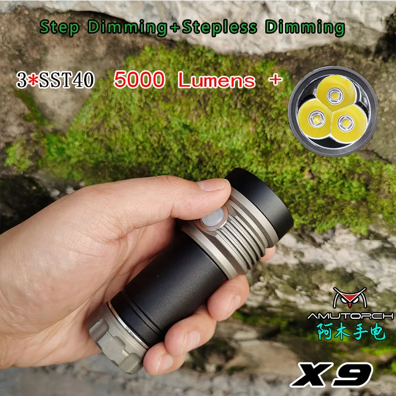 Светодиодный фонарик Amutorch X9 3 * SST40 5000 люмен с постепенным затемнением мощный