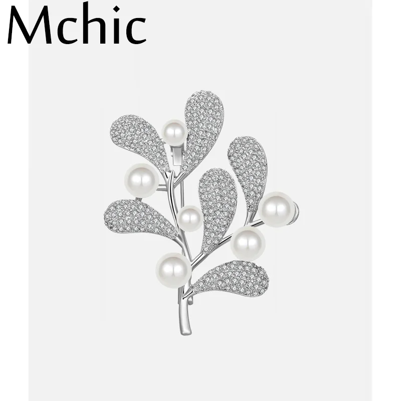 Mchic модная Роскошная шикарная брошь с растительными мотивами в виде ракушки жемчуг CZ Листья Лист элегантные броши булавка для OL дамы костюм аксессуары