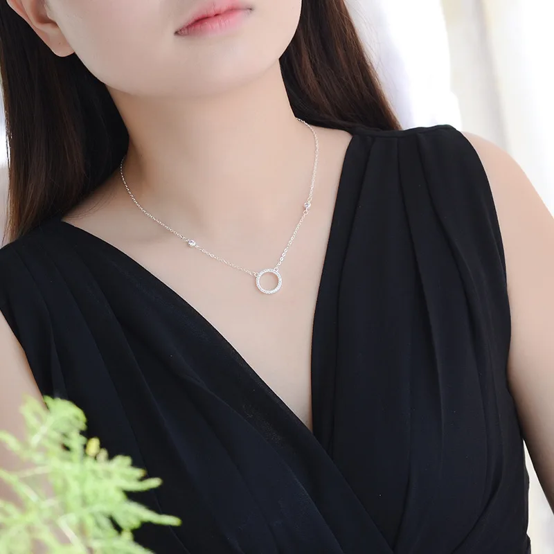 

Fashion Women Circle Round Crystal Wedding 925 Sterling Silver Pendant Necklaces Jewelry