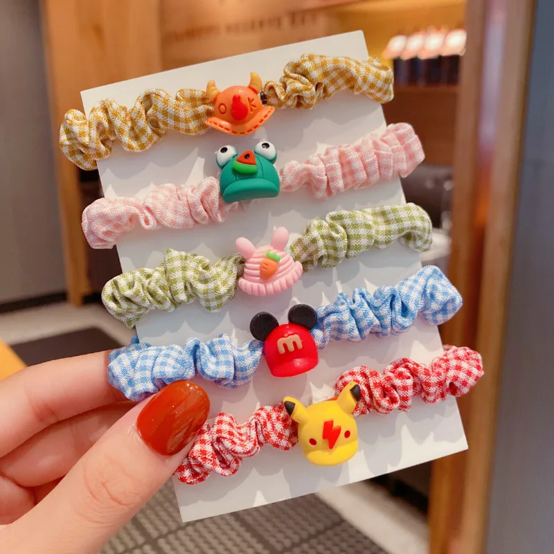 

MueRaa 5/10 pcs Children Girls Cartoon Colorful Scrunchies Headband Hair bands Plaid Cute Kids Elastic Hairband Hair Accessories