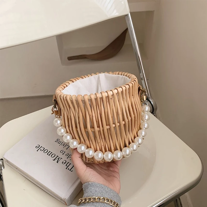 

Beading Chain Summer Small Straw Shoulder Bags For Women Rattan Weave Travel Beach Bucket Bag Women's Fashion Crossbody Handbags