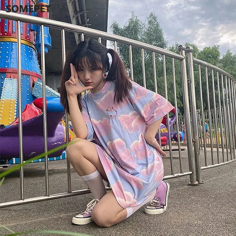 

Japanese ins college style summer embroidery piggy girlfriend girlfriend loose short-sleeved T-shirt female soft sister student