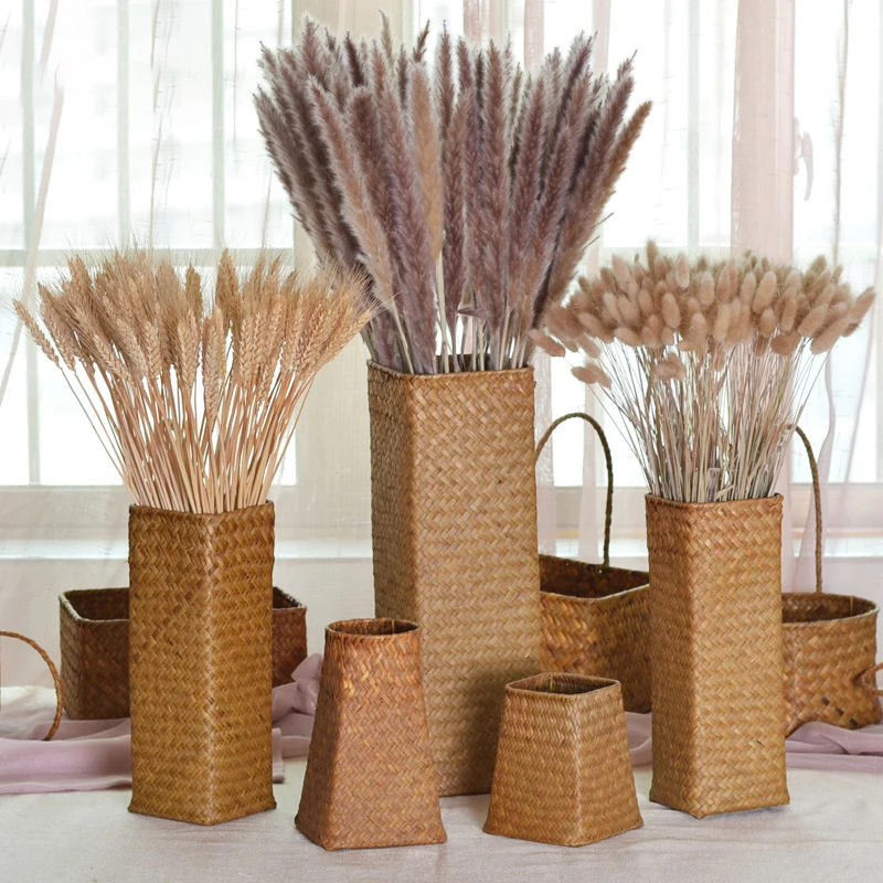 Bamboo Woven hand knitting  Dried Flower Vase Straw Woven Flower Pot Decor Living Room Flower Arrangement Flower Basket Bottle