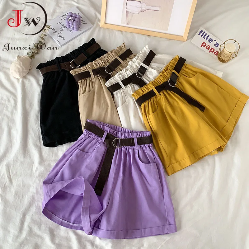 

2021 sommer Elegante Hohe Taille Shorts Frauen Casual Feste Breite Bein Lose Baumwolle Kurze Hosen Mit Gurtel Koreanische