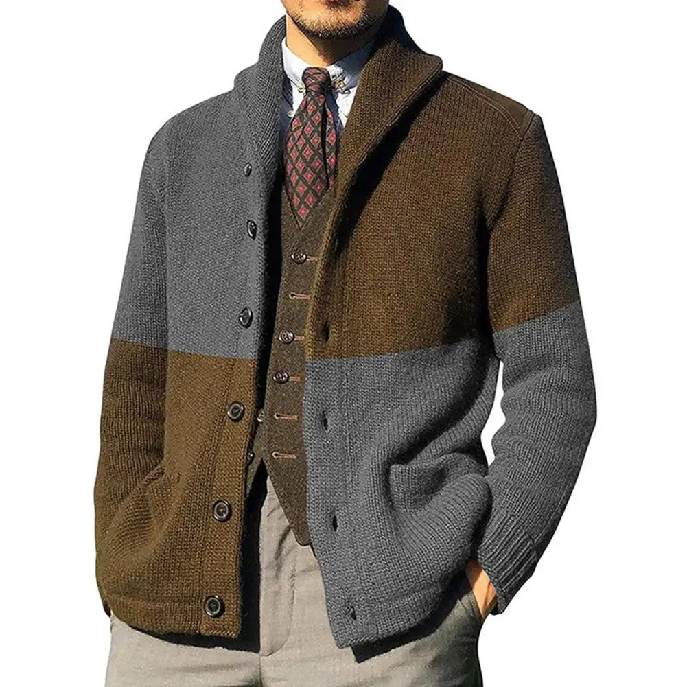 

Dropshipping!!New Men Sweater Coat Contrast Color Turndown Collar Autumn Winter Lapel Buttons Cardigan Coat for 2021