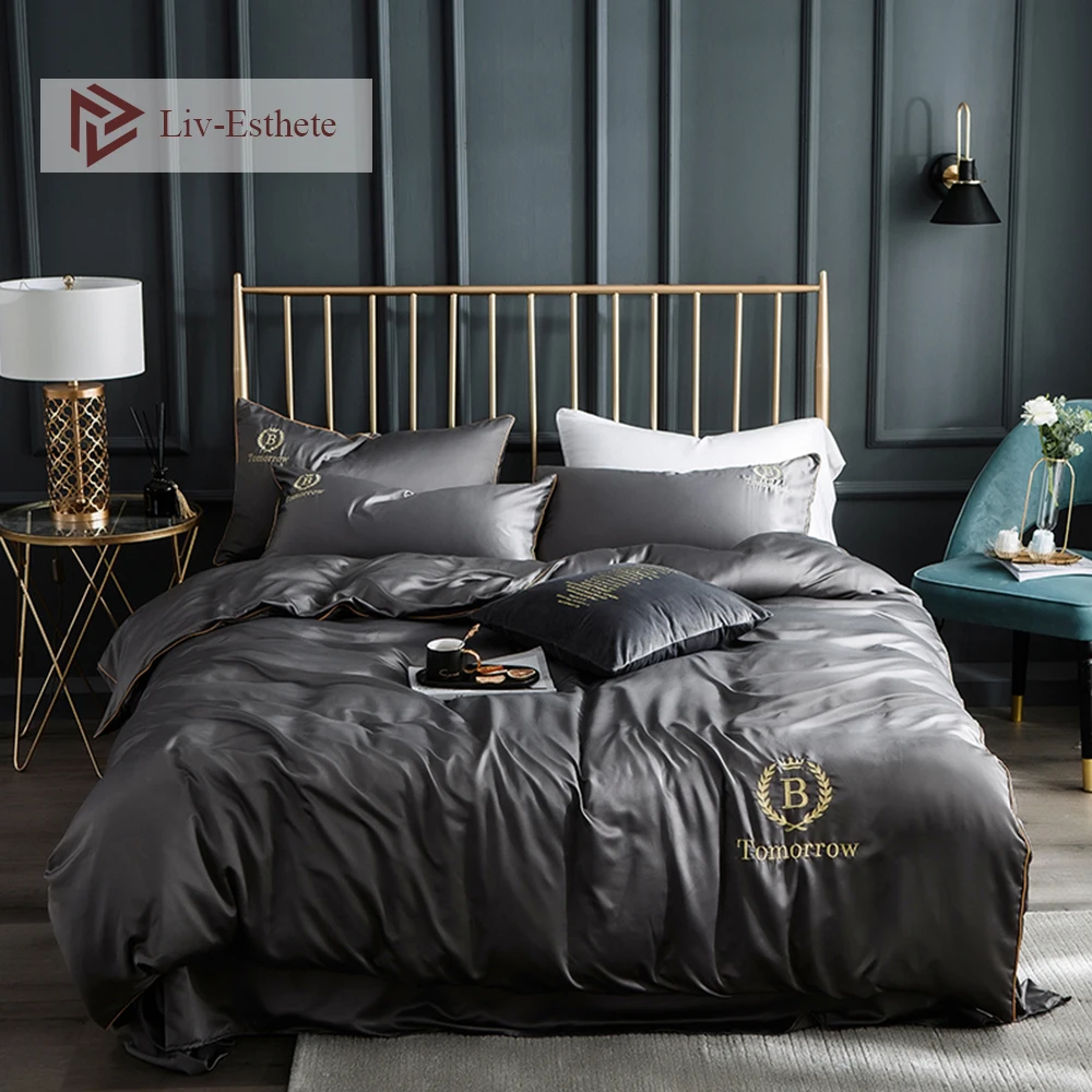 Liv-Esthete роскошный комплект постельного белья из чистого шелка серого цвета
