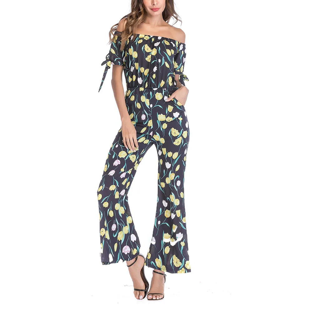 

Pop Women Lady Jumpsuit Boat Neck Loose Pants Bare Shoulder Vintage Chiffon Summer Pop 88