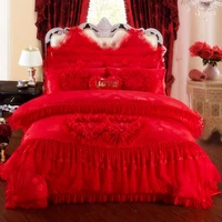 luxury pink red princess wedding style bedding set lace jacquard silkcotton duvet cover bed sheet bedspread pillowcases