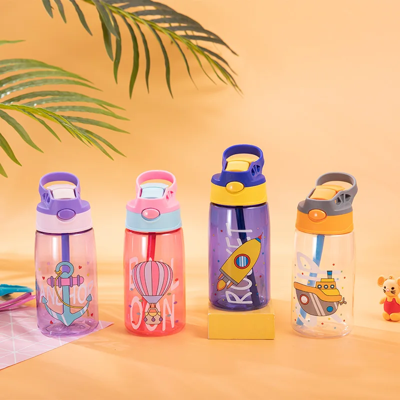 Botella de agua port&aacute;til con patr&oacute;n de dibujos animados para ni&ntilde;os, vaso de alimentaci&oacute;n con pajita para entrenamiento al aire libre, 480ML-0