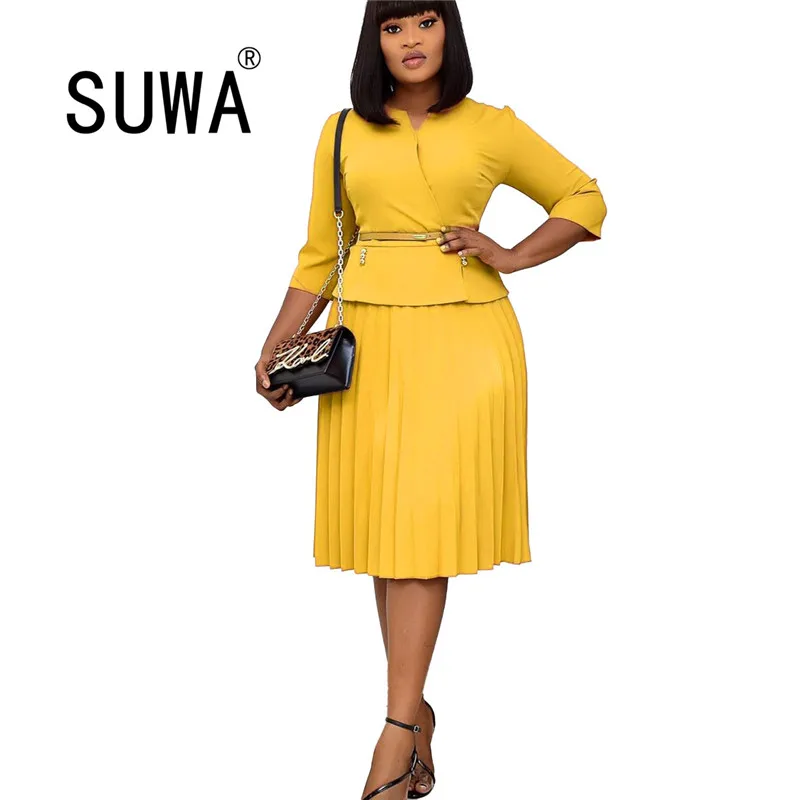 

Hot Recommend Style Solid Color High Street Fashion Elegant Women Mini Dress Long Sleeve Pleated Office Retro Gowns