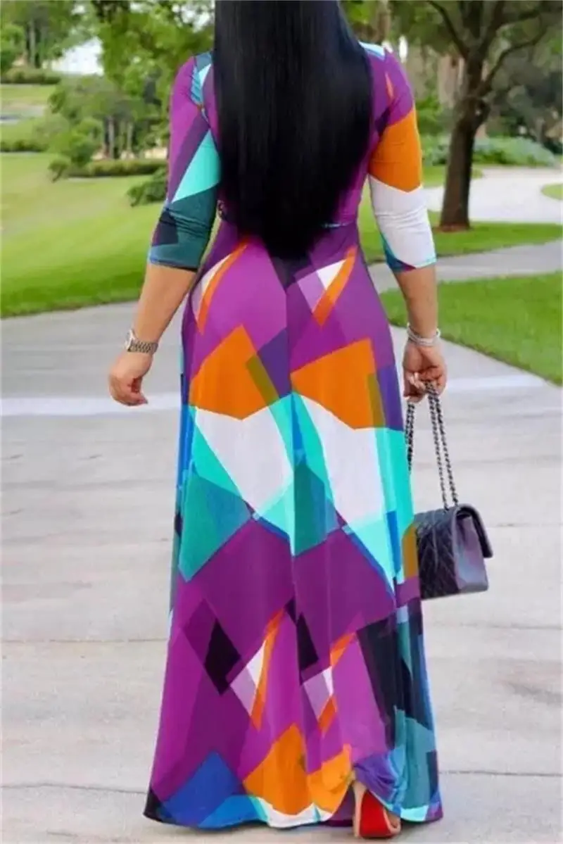 

Summer New Style European and American Fashion Multicolor Stitching Geometric Pattern Printing V-neck Long-sleeved Dress FZ048