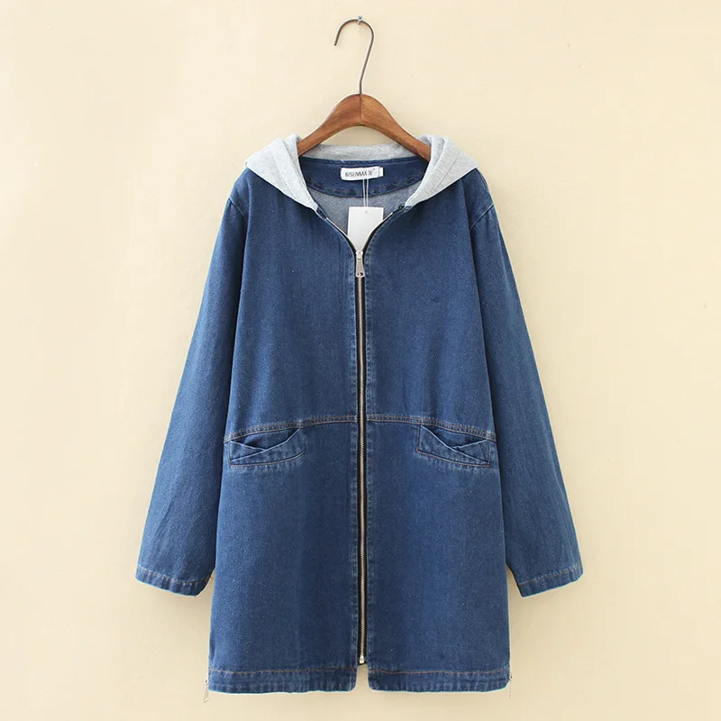 Куртка женская джинсовая оверсайз модная длинная свободная с капюшоном и