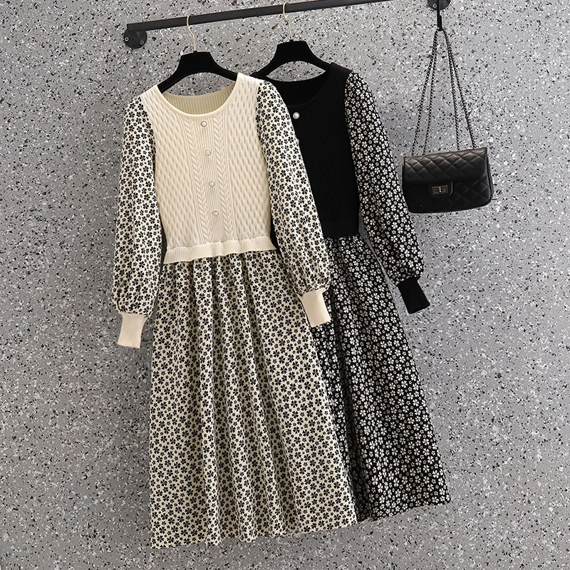 

Autumn Winter Chic flower print Color Knit Patckwork Dress Fall Women Long Sleeve Slim Waist Elegant All-match Knitted Vestidos