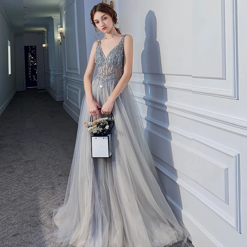 LDR36 Gray 2021 Hepburn Sling Temperament Long Dress Evening Dress Birthday Banquet Women's Gorgeous Party Dress robes de soirée