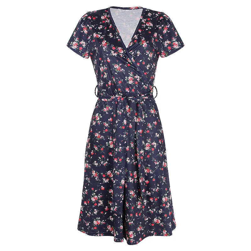 

Mandylandy Dress Summer Fashion Lace-up Short Sleeve V-neck High Waist Mini Dress Women's Casual Floral Print Dress