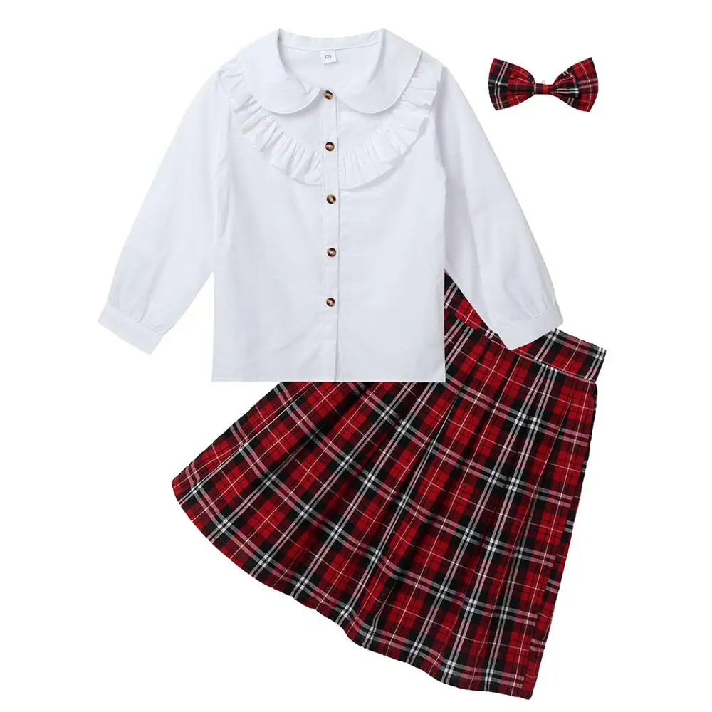 

Kids Girls British Style Japanese School Uniforms Cosplay Student Cheerleader Costume Cotton Shirt Pleated Skirt Tieknot Sets