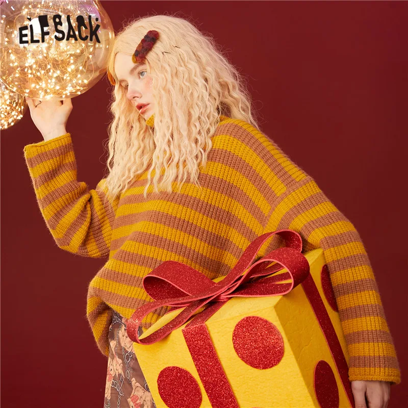 

ELFSACK Striped Jacquard Casual Knit Pullover Women Sweaters,2021 Winter ELF Turtleneck Full Sleeve,Korean Ladeis Daily Tops