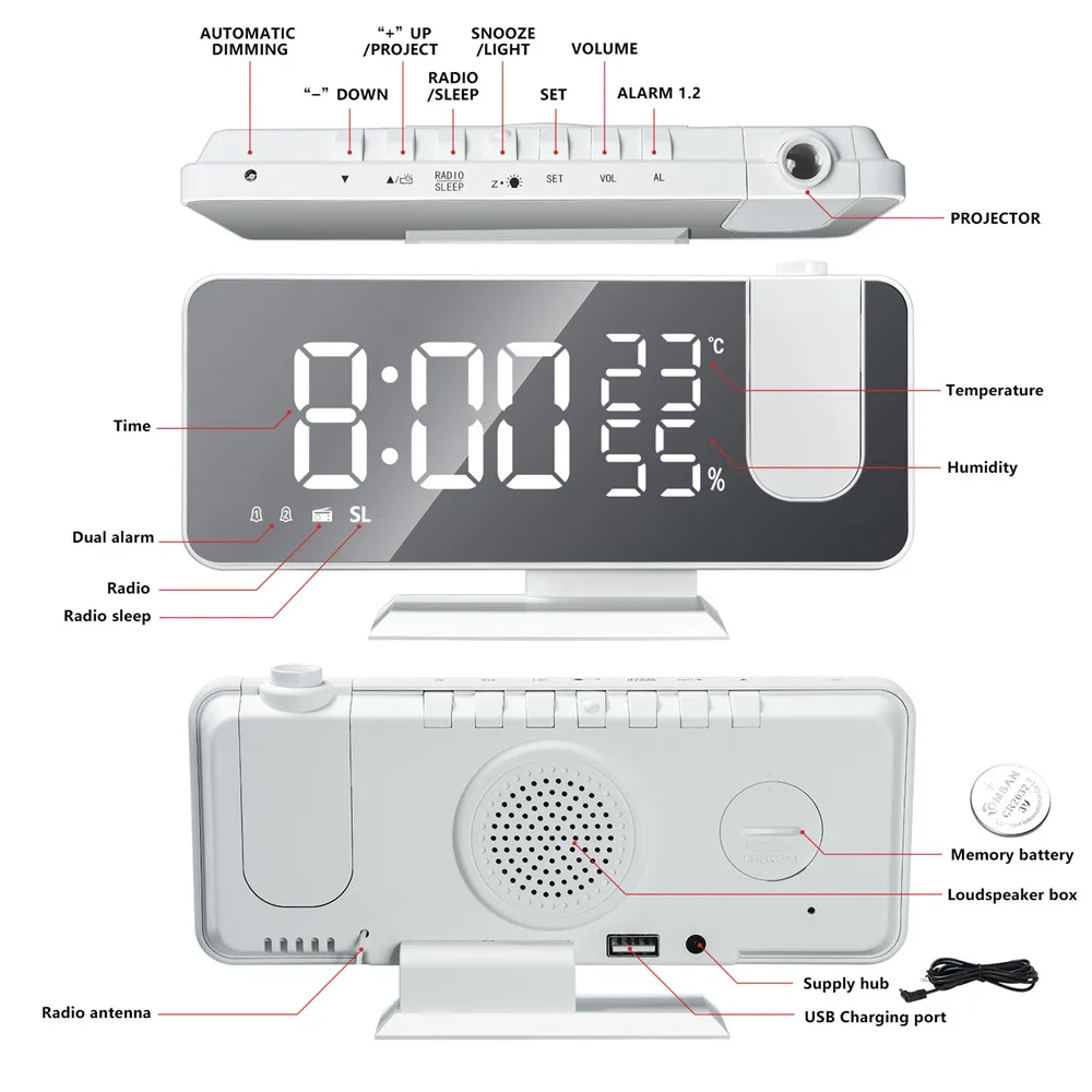 

Digital Alarm Clock Projection Radio Temperature Humidity Time Night Display Mirror LED Clock USB Output Ports Table Clock