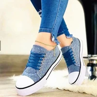 2021 spring and autumn new denim canvas shoes womens large size european and american low top lace up flat shoes women