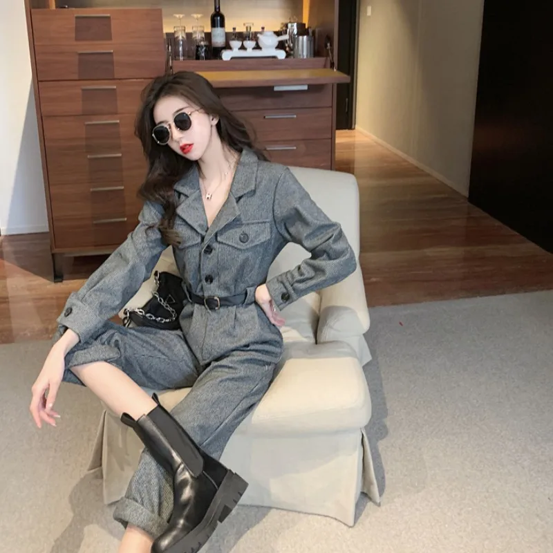 

New Fashion Lapel Suit Jumpsuit with Belt Korean Women's 2021 Fall and Winter Female Khaki Jumpsuit Straight Trousers Jumpsuit