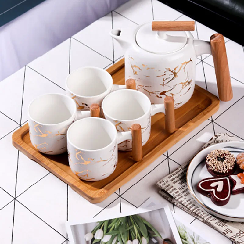 Набор чашек чайник керамический чайный сервиз чашка для воды с деревянной ручкой
