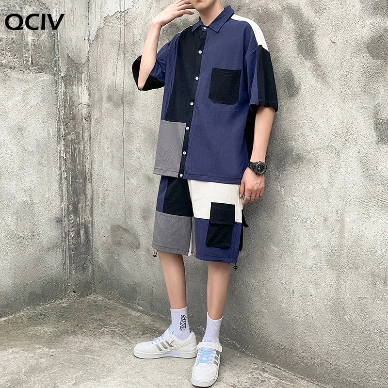 

Men's Set Clothing Shirt Shorts Patchwork Pocket Korean Style Summer Oversized Casual Short Sleeve Shirts Knee-Length Pants