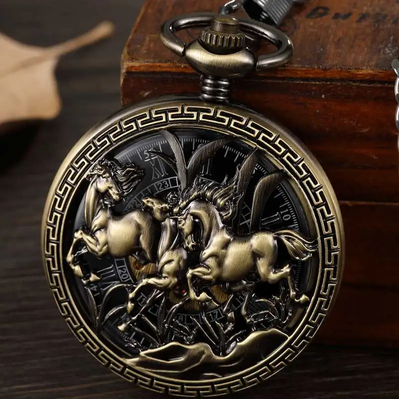 Винтажные Фэнтези Pegasus Horse механические цепочки для карманных часов Бронзовый полый стимпанк Скелет Fob часы для мужчин подарки Reloj - Цвет: Horse2