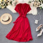 Платье YuooMuoo женское с V-образным вырезом, однотонное Бандажное Длинное Элегантное плиссированное платье средней длины, вечерний сарафан, лето 2020