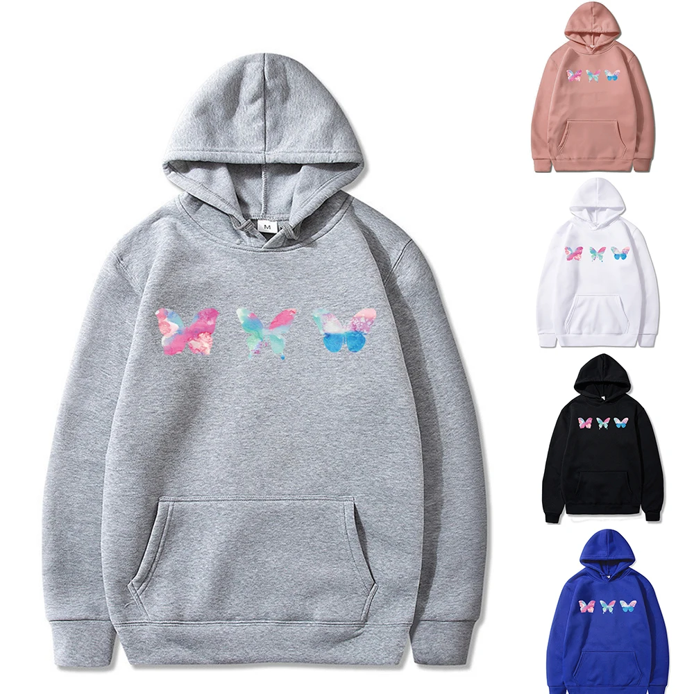 

Hoodie Men and Women Sweatshirt Color Butterfly Print Pullovers Hoodies Loose Hip Hop Clothing Casual Streetwear Male Harajuku