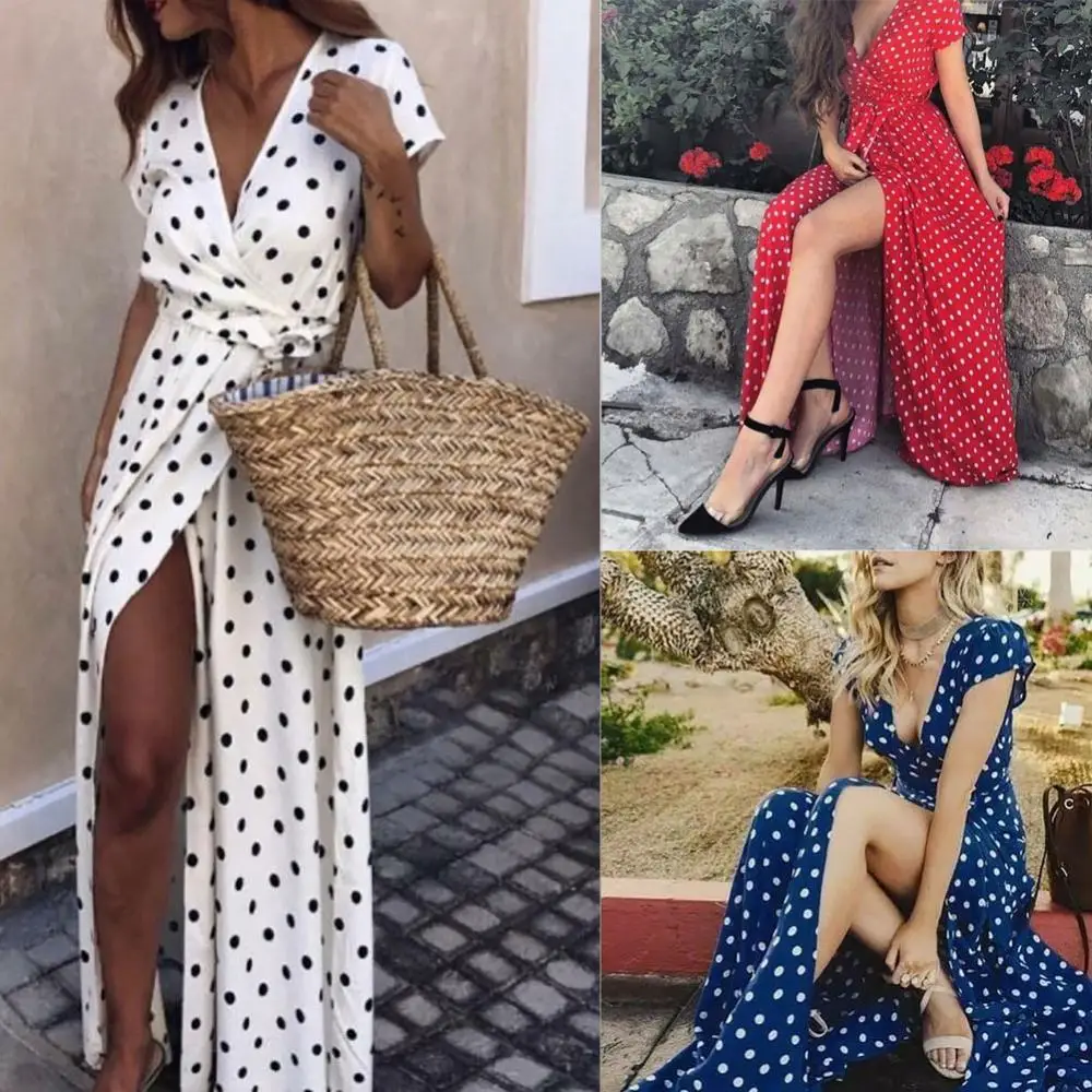 

Hot Sales Summer Women Beach Party Sexy Deep-V Polka Dot Slits Short Sleeve Maxi Dress