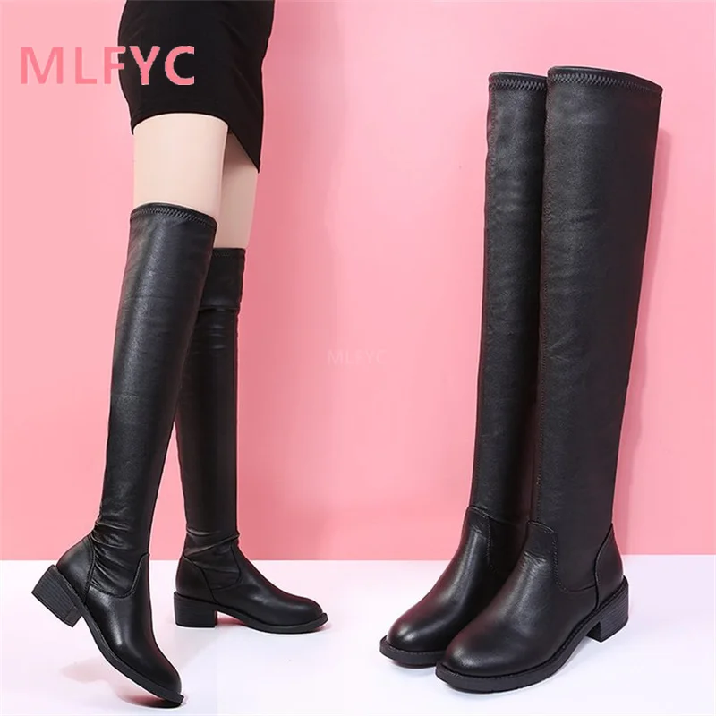 

Осенние женские сапоги 2021, Сапоги выше колена на среднем каблуке, обтягивающие ноги, тонкие эластичные сапоги большого размера 40-43