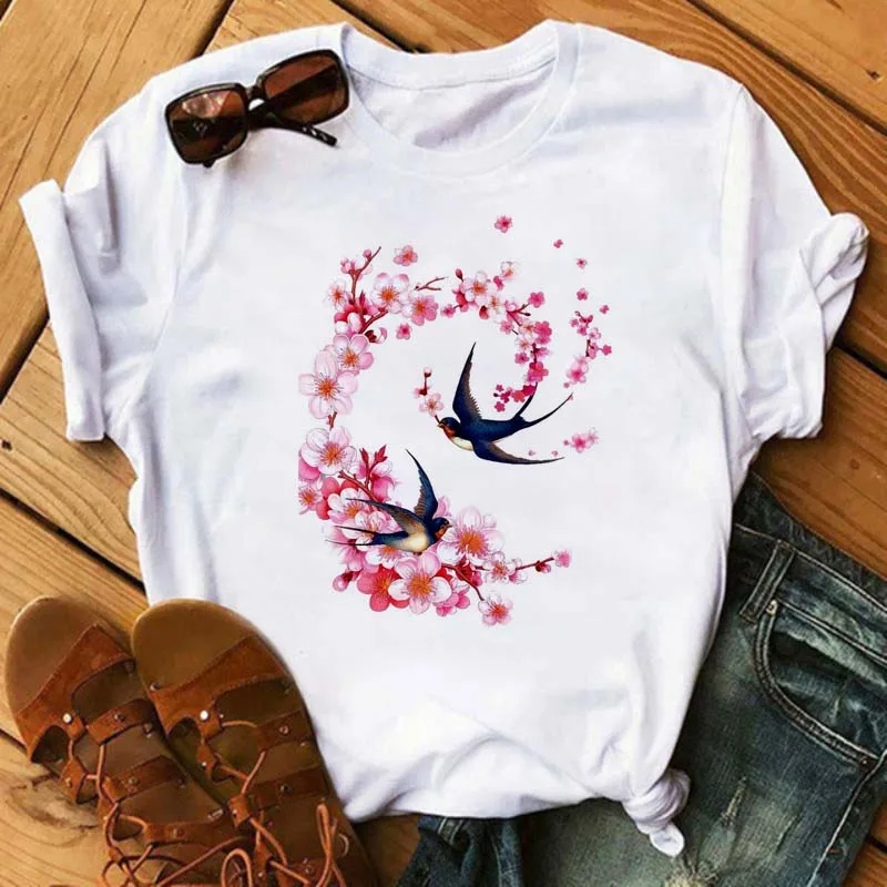 

Women Flower Graphic Print Floral Watercolor Clothes Summer Short Sleeve Shirt T-shirts Top T Female Ladies Womens Tee T-Shirt