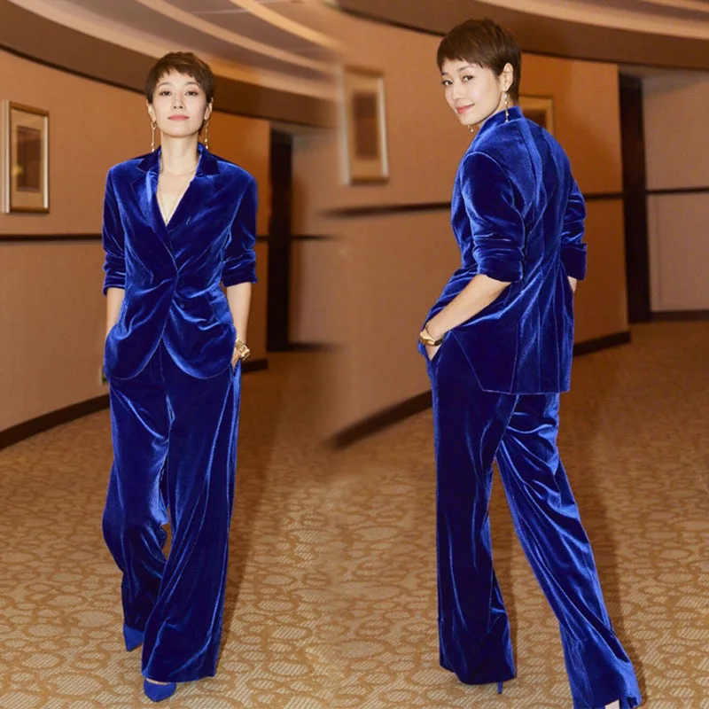 Женский элегантный бархатный костюм двойка комплект из двух предметов с