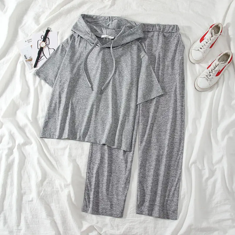 

2020 New Summer Ladies Suit Women's Fashion Solid Hooded Blouse Tops + High Waist Wide Leg Casual Pants Two Pieces Set Z142
