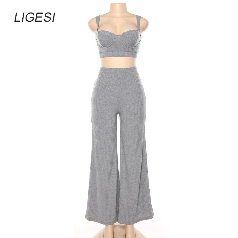 Strap Fitness Two Piece Set Backless Crop Top and Wide Leg Pants Women Knitted Tracksuit Female Outfit Summer Matching |