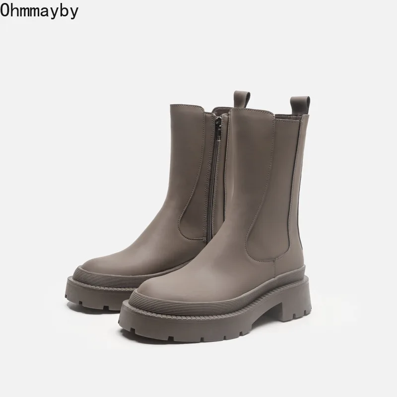 

New Design Platform Women Ankle Boots Round Toe Thick Bottom Winter Black Slip On Shoes Fashion Short Plush Ladies Punk Boots