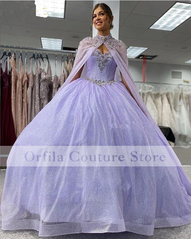 

Lavender Quinceanera Dress 2021 Off The Shoulder Appliques Sequins With Cape Princess Sweet 16 Ball Gown Vestidos De 15 Años