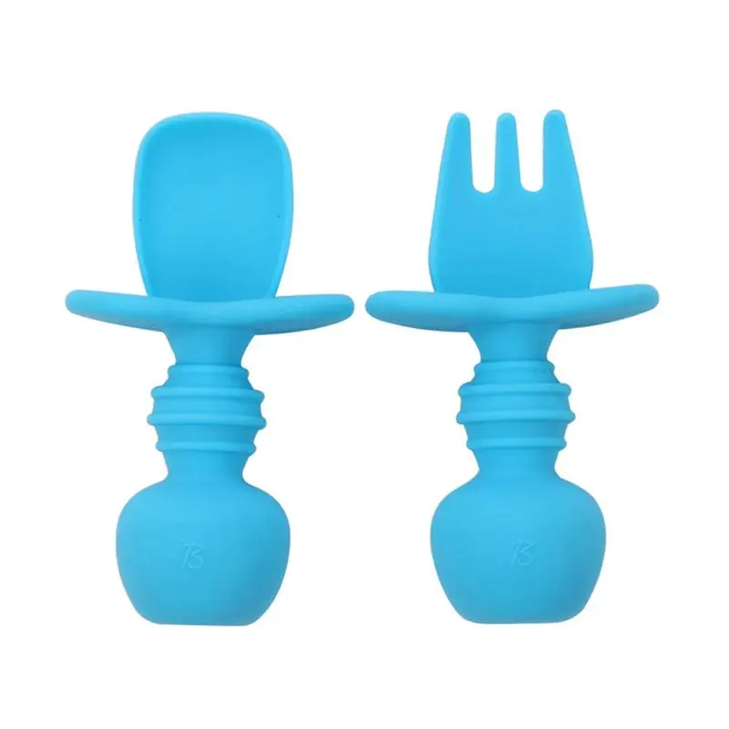 

Baby Feeding Spoon Fork Set Soft Silicone Feeding Flatware Safe Training Spoon A2UB