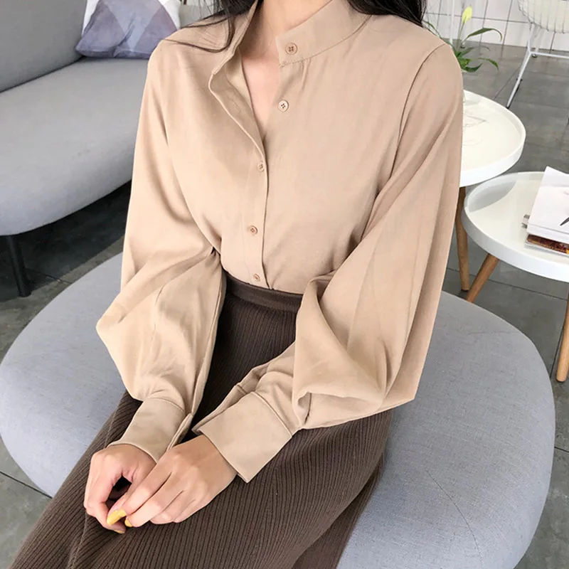 2019 зимняя женская Повседневная Блузка Корейская Осенняя модная Однотонная