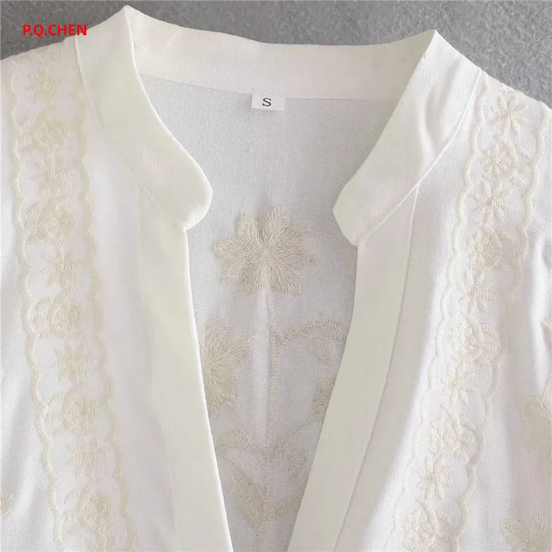 

P.Q.CHEN Women Shirt Vintage Embroidery Shirts Woman Summer 2021 Fashion Long Sleeve Elegant Blouses Button Up Female Shirt
