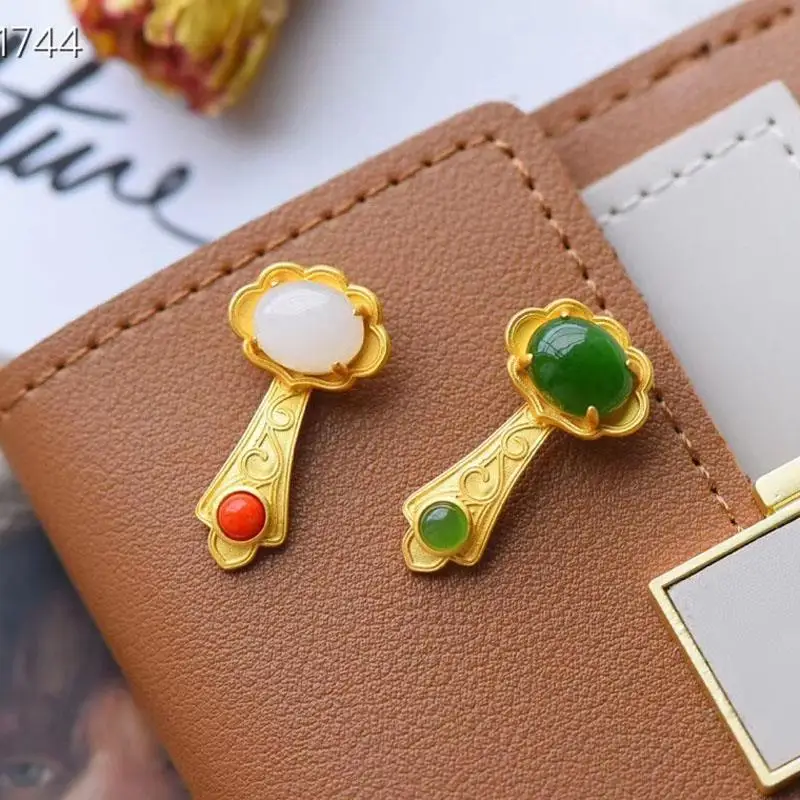 

S925 Sterling Silver Inlaid South Red Hetian White Jade Jasper Ruyi Silver Necklace Pendant Gilding Craft Simple Classic